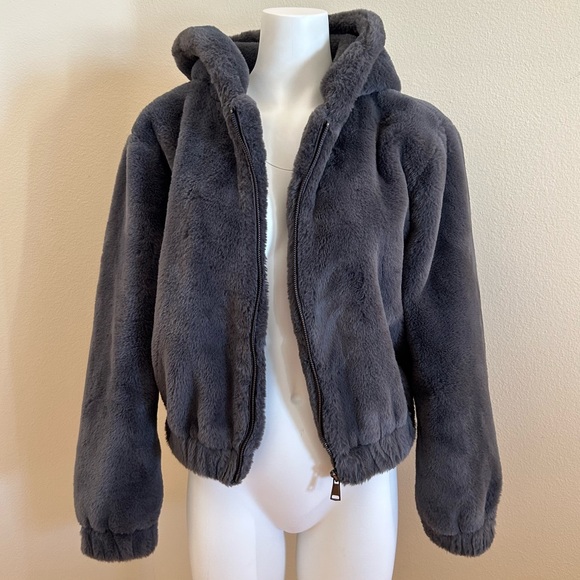 Avec Les Filles Faux Fur Jacket Graphite Gray Small Cropped Hoodie Teddy - Picture 2 of 6